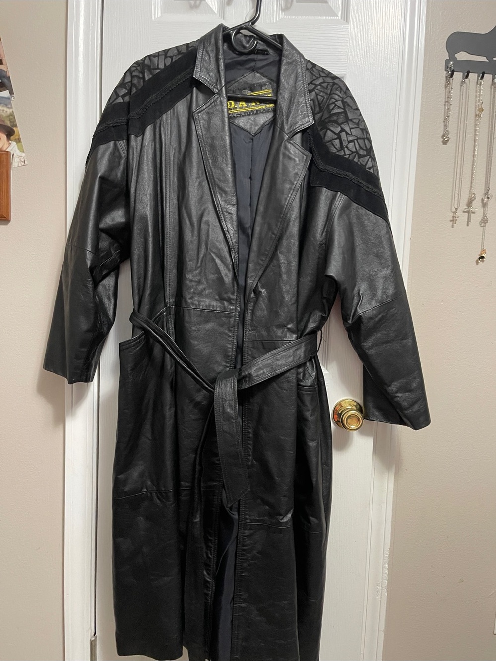 Black Leather Trench Coat with Belted Waist